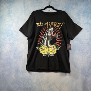 Ed Hardy Mens Panther Rose Graphic T-Shirt Black Short Sleev Crew Neck Large NWT
